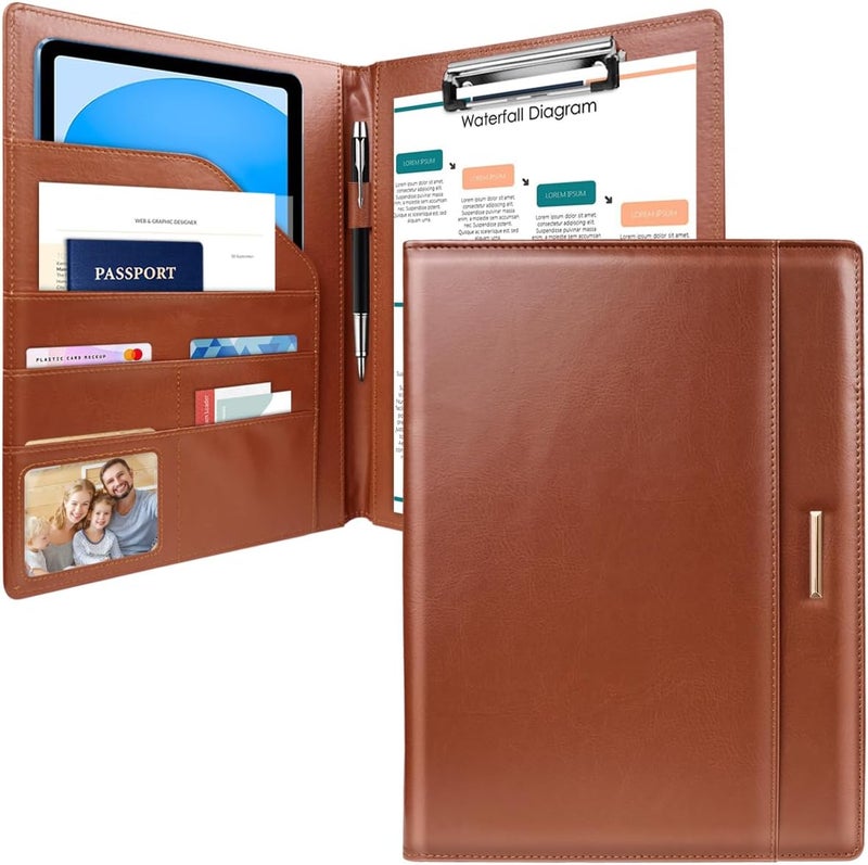 WAVEYU Padfolio/Resume Portfolio Folder for Women Men, Cute Chic Padfolio Cover Folder, Conference/Legal Document Organizer with Letter/A4 Size Clipboard, Document Sleeve, Brown - Image 1